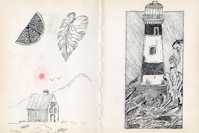 (L) An orange slice, monstera leaf, and a small hut in front of a mountain (R) Lighthouse and a stormy sea.