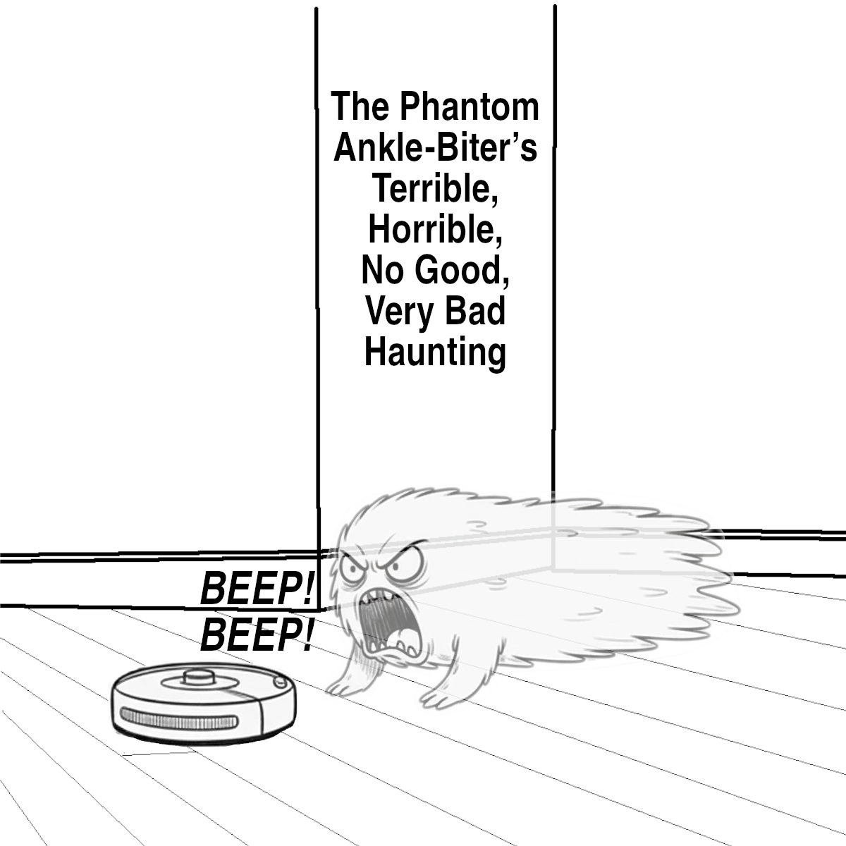 The cover art shows a rug like ghost screaming at a roomba.